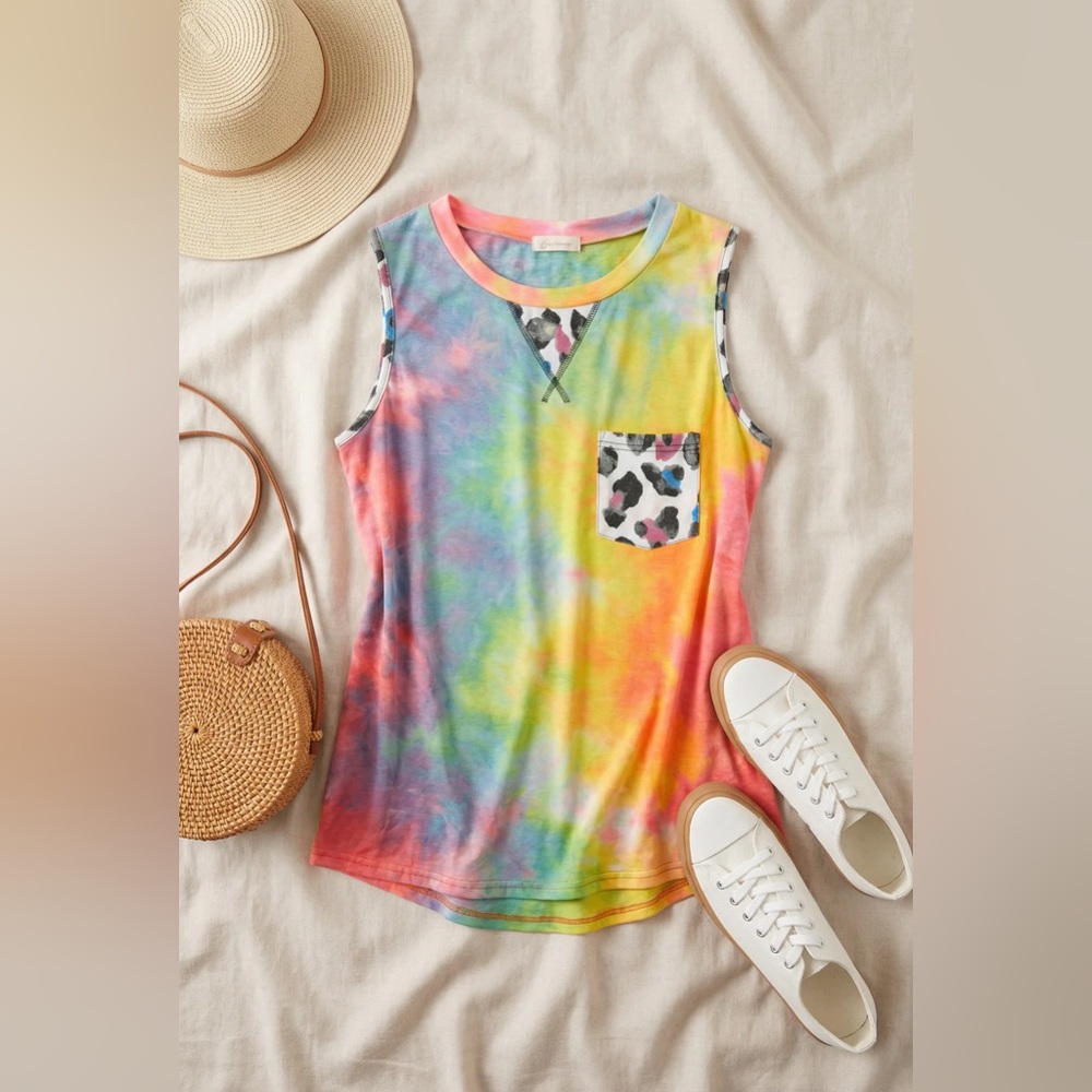 Tie-Dye Sleeveless Tank with Leopard Print Pocket - Multicolor - Picture 1 of 5